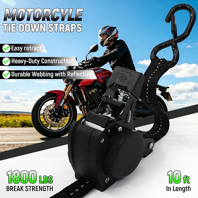 Retractable Ratchet Straps (Patented-2pack) - 1 inch x 10Feet (1,800lb Break Strength) Auto Self Retracting Tie Down Straps - Self Retractable Straps with Refletcive for Motorcyle, Truck or Cargo