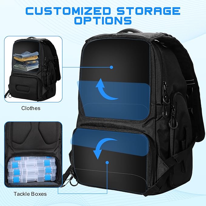 50L Fishing Tackle Backpack with Removable Lure Wraps,Include (4) 3600 Tackle Boxes, 2 Rod Holders Storage Fishing Gear and Equipment