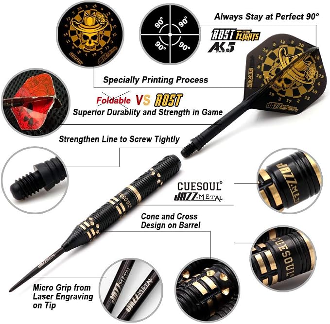 CUESOUL Jazz-Metal Luxury Steel Tip Darts Set 21g/24g/26g with AK5 Integrated Dart Flights