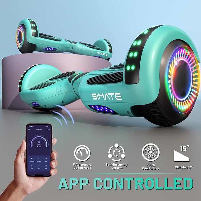 SIMATE Hoverboard, Bluetooth All Terrain Hover Boards with LED Lights and APP Control, Gifts for Kids Adults Girls Boys, for All Ages