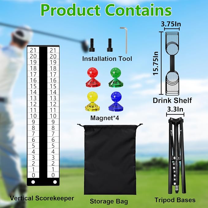 Cornhole Scoreboard with Drink Holder, Height Adjustable Foldable Cornhole Score Keeper with Storage Rack Includes 4 Magnets, 1 Storage Bag, Suitable for Outdoor Yard Games