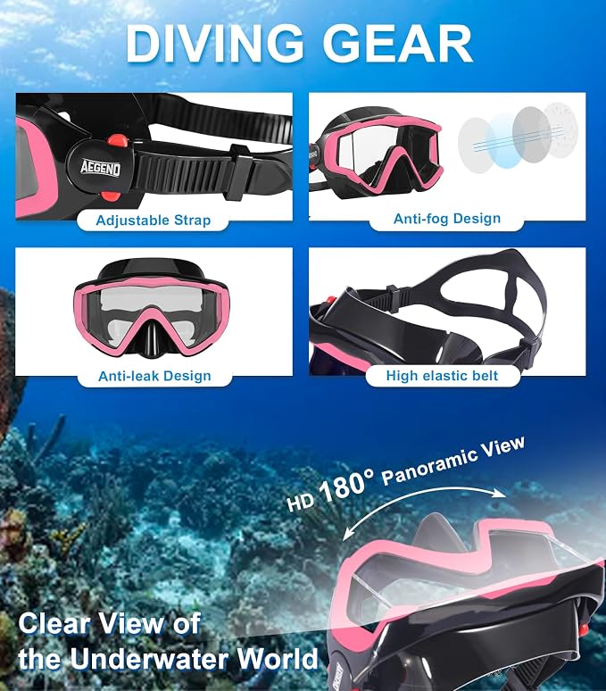 Aegend Snorkeling Gear for Adults Youth Kids, Snorkel Mask with Top Dry Valve - Panoramic View Anti-Leak and Anti-Fog with Mesh Bag for Snorkeling, Scuba Diving, Freediving & Swimming
