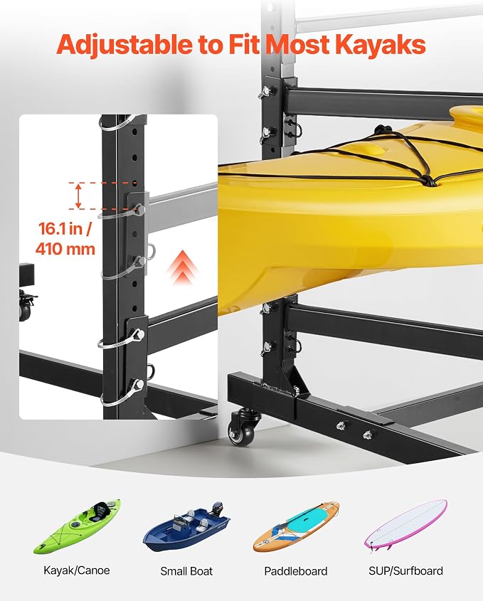 VEVOR Kayak Storage Rack, Heavy Duty Adjustable Freestanding Stand with Lockable Wheels for Indoor Outdoor Garage Shed Dock, Holder for Canoe, SUP, Surfboard & Paddleboard