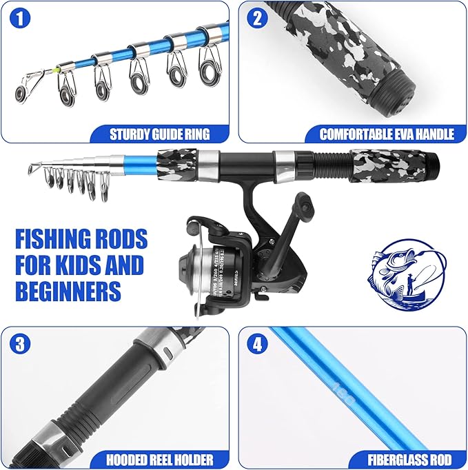 Fishing Rod Reel Combos Collapsible Fishing Rod Kit, 2PCS Telescopic Fishing Pole+2PCS Spinning Reels+Lures Hooks+Tackle Bag+Fishing Accessories Full Combo for Kids Youth