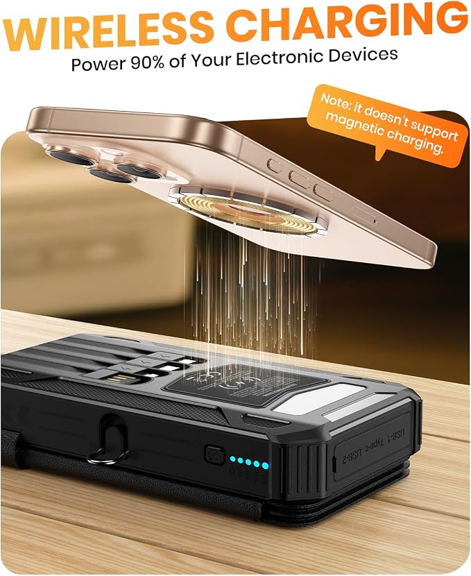 SOARAISE Solar Charger Power Bank 48000mAh PD QC 3.0 Fast Charging Wireless Portable Charger with 4 Solar Panels and 4 Cables, USB C Battery Pack for Cell Phone with Camping Flashlight, Carabiner