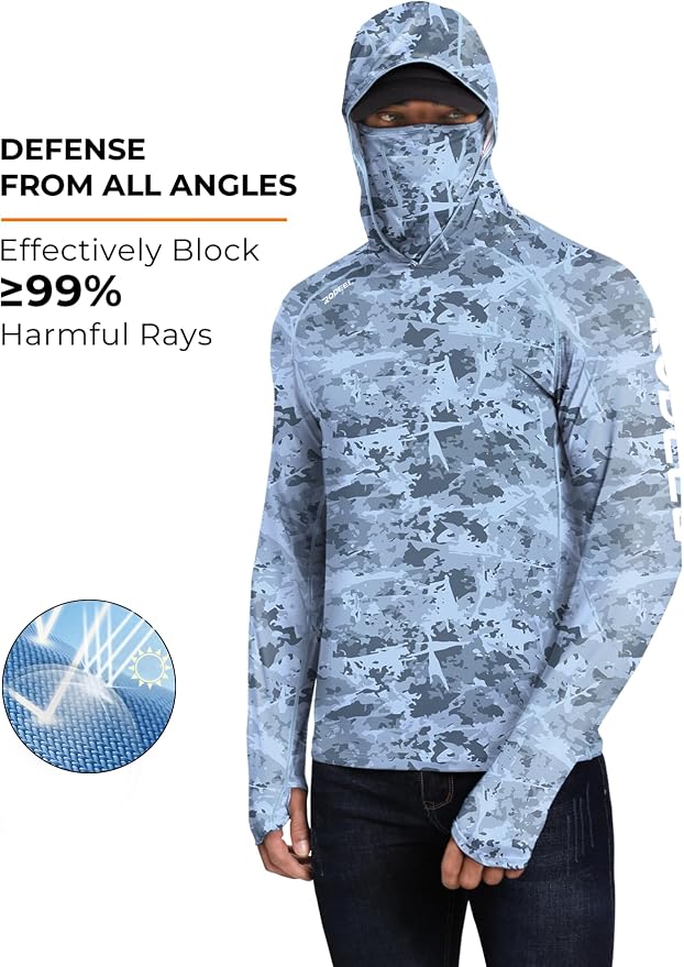 Rodeel Men's UPF 50+ Performance Fishing Hoodie, Long Sleeve Sun Protection Athletic Quick-Dry Breathable T-Shirt