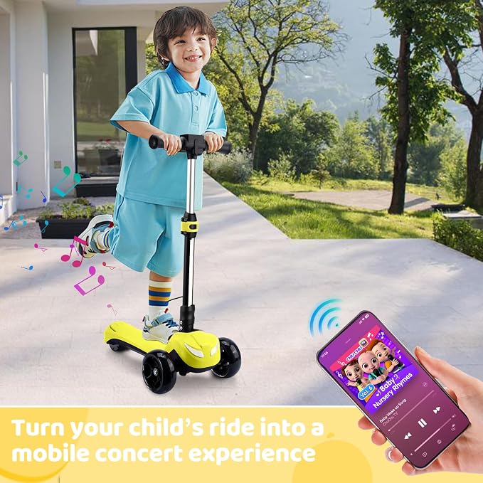 Electric Scooter for Kids w/150W Powerful Motor, Thumb Throttle, LCD Screen, Bluetooth, Light-Up Stem Deck & Wheels, 3 Adjustable Heights, 5MPH Safe Speed, 3 Wheel Electric Scooter for Kids