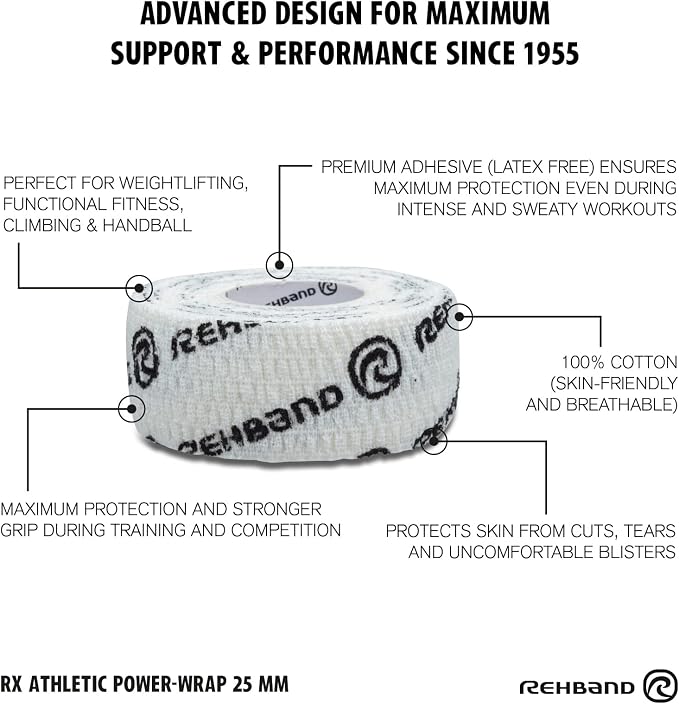 Rehband Non-Slip Athletic Hook Grip Tape, Thumb Tape Crossfit, Powerlifting & Weightlifting Tape - Hookgrip Tape Protects Fingers Against Blisters