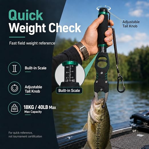 XKCZ 2-in-1 Fish Gripper with Scale, 40lb Fish Lip Gripper, One-Hand Fish Grabber with 360° Swivel, CNC-Machined Aluminum Fishing Gripper Tool with Lanyard for Bass, Saltwater Freshwater Fishing