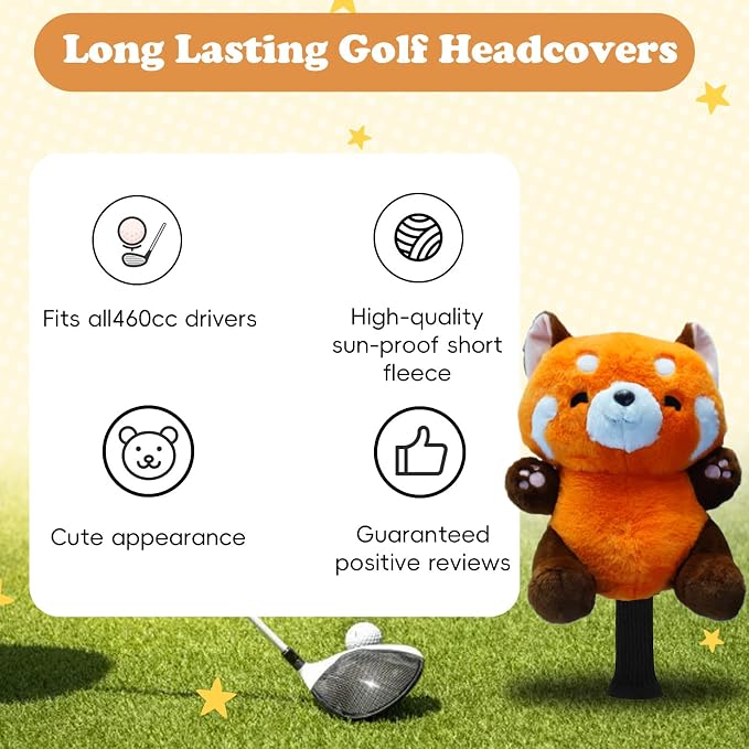 Cute Red Panda Golf Headcover, Animals Plush Golf Club Head Covers, Small Size Fits Hybird and Irons, Large Size Fits Standard 460cc Driver Head