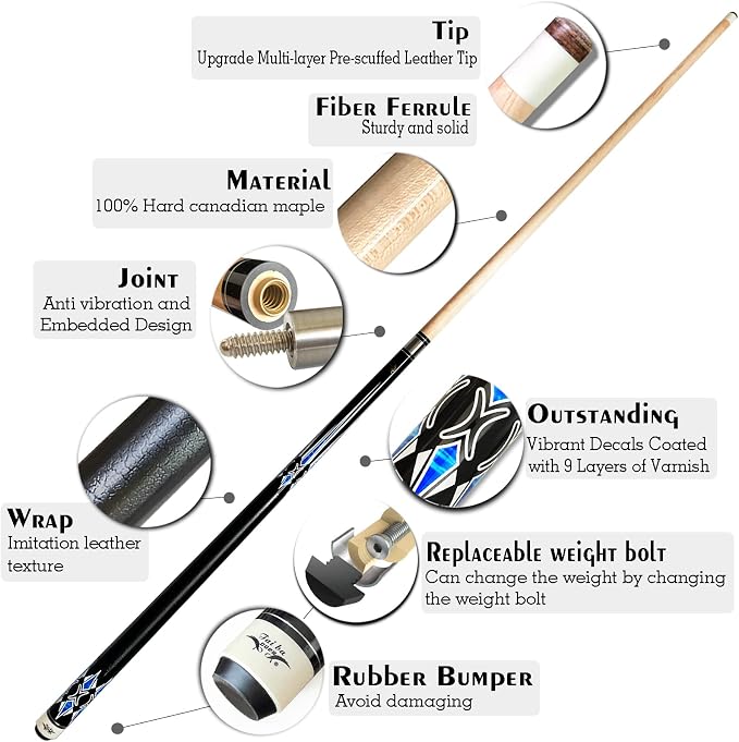 Tai ba cues 2-Piece Pool cue Stick + Hard Case, 13mm Tip, 58", Hardwood Canadian Maple Professional Billiard Pool Cue Stick 18,19,20,21,22 Oz Pool Stick (Selectable)-Blue, Black, Red, Gray, Green