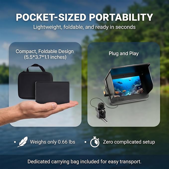 Portable Underwater Camera Fish Finder: 5 Inch IPS with 8000mAh Battery IP68 Waterproof Camera 220°Wide Angle for Lake & Murky Water | Depth Finder for Ice Fishing/Boats/Kayaks