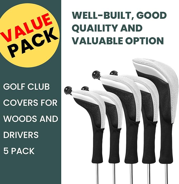 FINGER TEN Golf Club Head Covers Woods Driver Fairway Hybrid 3/4/5 Set, Headcovers Men 1 3 5 7 X Interchangeable Number Tag, Fit All Wood Clubs