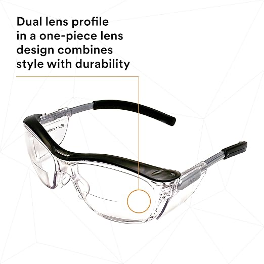 3M Safety Glasses with Readers, Nuvo Protective Eyewear, +1.5, ANSI Z87, Clear Lens, Retro Gray Frame, Soft Nose Bridge, Side Shields