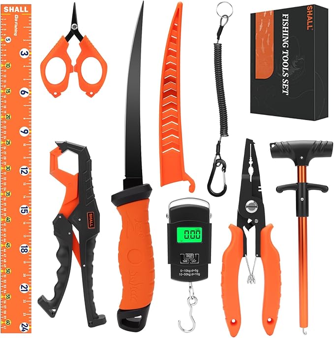 SHALL Fishing Tool Kit, Corrosion Resistant Fishing Gear and Equipment - Fishing Pliers, Fillet Knife, Fishing Scissors, Fish Lip Gripper, Fishing Ruler, Lanyard - Premium Fishing Tools for Men Women