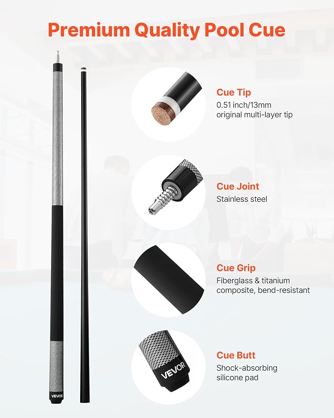 VEVOR Pool Cue, Pool Stick, 58 inch Billiard Pools Cue Stick with Multi-Layer Tip & ABS Connection Ring, Cues Sticks for Professional Pool Table, Bar, Home, Office