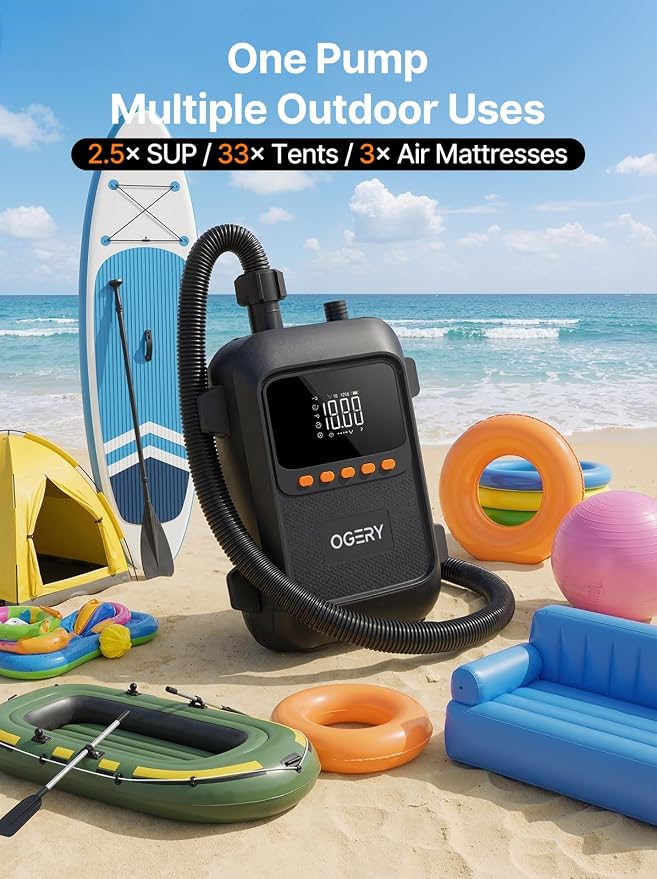 OGERY Paddle Board Electric Pump, 3X Faster Inflation & Deflation, Dual Power SUP Pump with Smart Auto-Off, Up to 20 PSI, Digital Pressure Display, 7 Nozzles for SUP Kayaks Tents Air Mattresses Boats