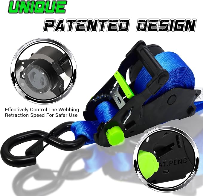 Retractable Ratchet Straps (2pk) -Patented | 1.5 in x 16 ft Heavy Duty Auto Ratchet Straps with Soft Loops | Perfect Automatic Tie Downs for Motorcycle,Kayak and Truck | Break Strength 5,000LBS/2268KG