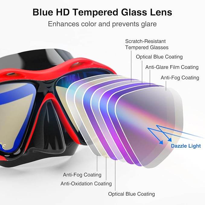 Snorkeling Gear for Adults, Snorkel Mask With Mirrored Tempered Glass Lens 180° Wide View Anti-Fog Scuba Diving Mask, Professional Snorkel Set for Swimming Diving, Gifts for Women Mom Men Dad