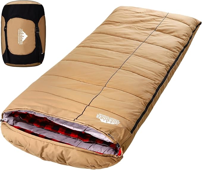 0 Degree Canvas Sleeping Bag for Adults, Cotton Flannel Sleeping Bag for Winter Camping, Fishing, Hunting or Traveling, Durable Cotton Canvas Shell and Removable Flannel Liner
