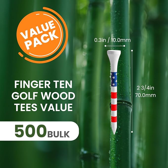 FINGER TEN Bamboo Golf Tees Wood 1 1/2 2 3/4 3 1/4 Inch Wooden Short Long Tee Color Bulk 250/500/1000/2000 Count for Men Women Kids in Red Pink USA Flag