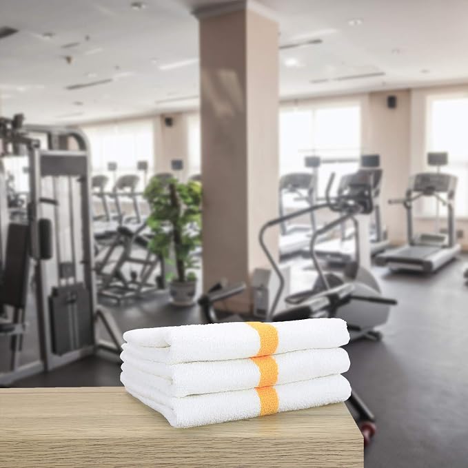 Arkwright White Hand Gym Towels - Pack of 12 - Bulk 100% Cotton Soft Quick Dry Sweat Absorbent Hotel Quality Towels for Workout, Bathroom, Spa, Pool, 16 x 27 in, Gold