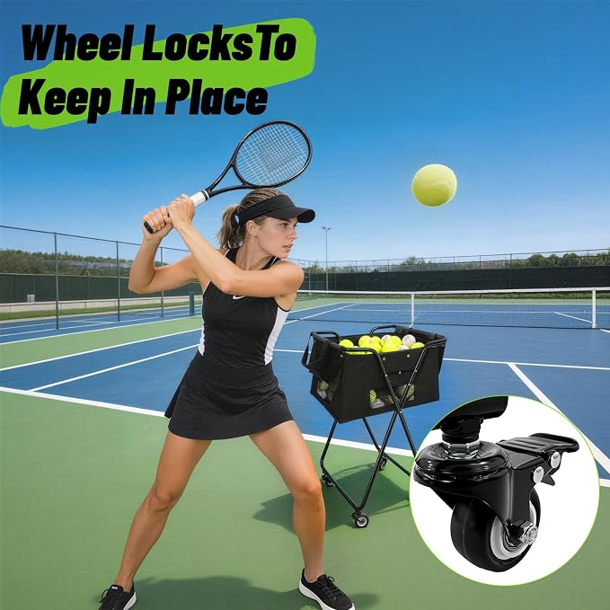 Tennis Ball Hopper Cart with 4 Wheels，Foldable Large Capacity Pickleball Tennis Ball Collector for Court Training, Coaching