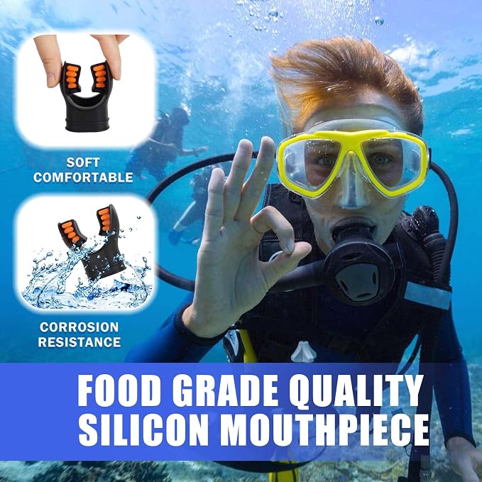 Scuba Diving Mouthpiece, Silicone Snorkel Mouthpiece Regulator Replacement with Regulator Tie Fits Most Standard Regulators Scuba Diving Accessories, Orange/Black/Yellow/Green