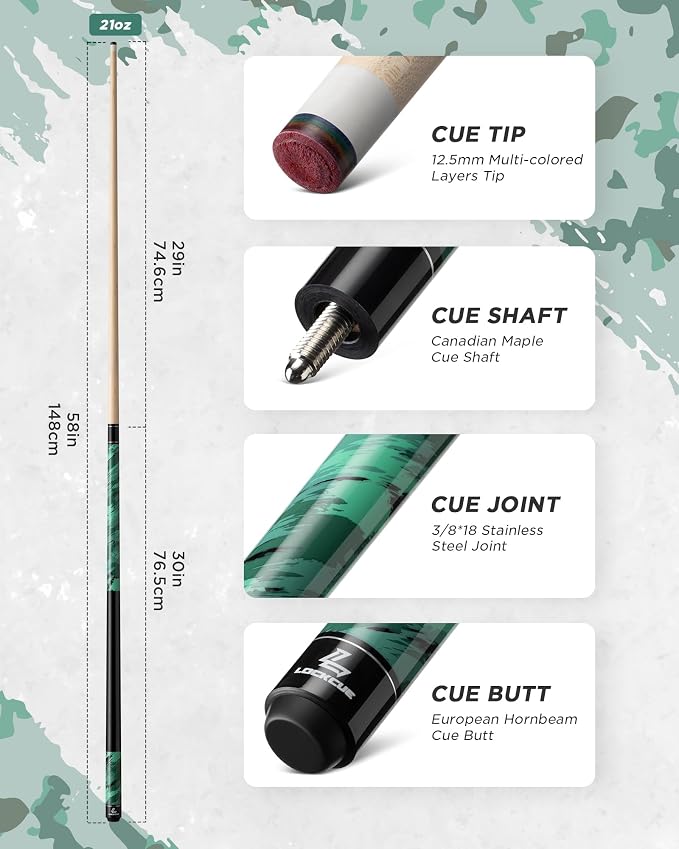 Pool Cue Set with 58-inch Billiard Cue Stick | Hard Leather Tube Case, Microfiber Towel & Glove