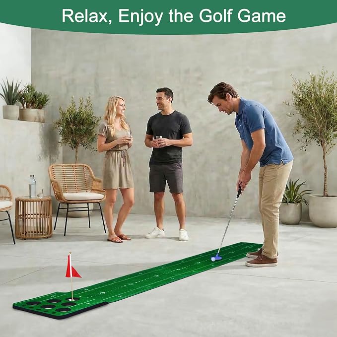 Chriiena Golf Putting Game Mat, Indoor Putting Green Set for Party Game | With 2 Balls, 1 Flag & Cup, Portable Pong Game Mat, Golf Games for Adults, For Backyard, Office, Party Use