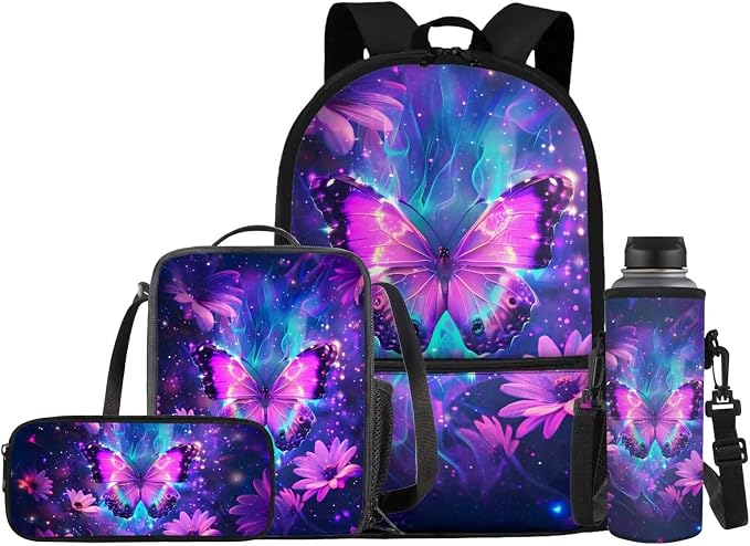 Galaxy Butterfly Backpack for Girls School Bag with Lunch Box Pencil Case Water Bottle Holder 4 PCS Bookbag Casual Boys Daypack Back to School Accessories