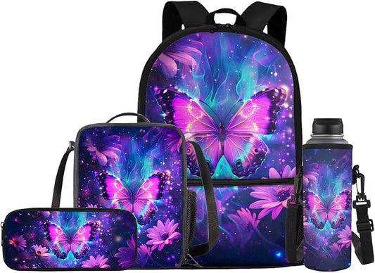 Galaxy Butterfly Backpack for Girls School Bag with Lunch Box Pencil Case Water Bottle Holder 4 PCS Bookbag Casual Boys Daypack Back to School Accessories