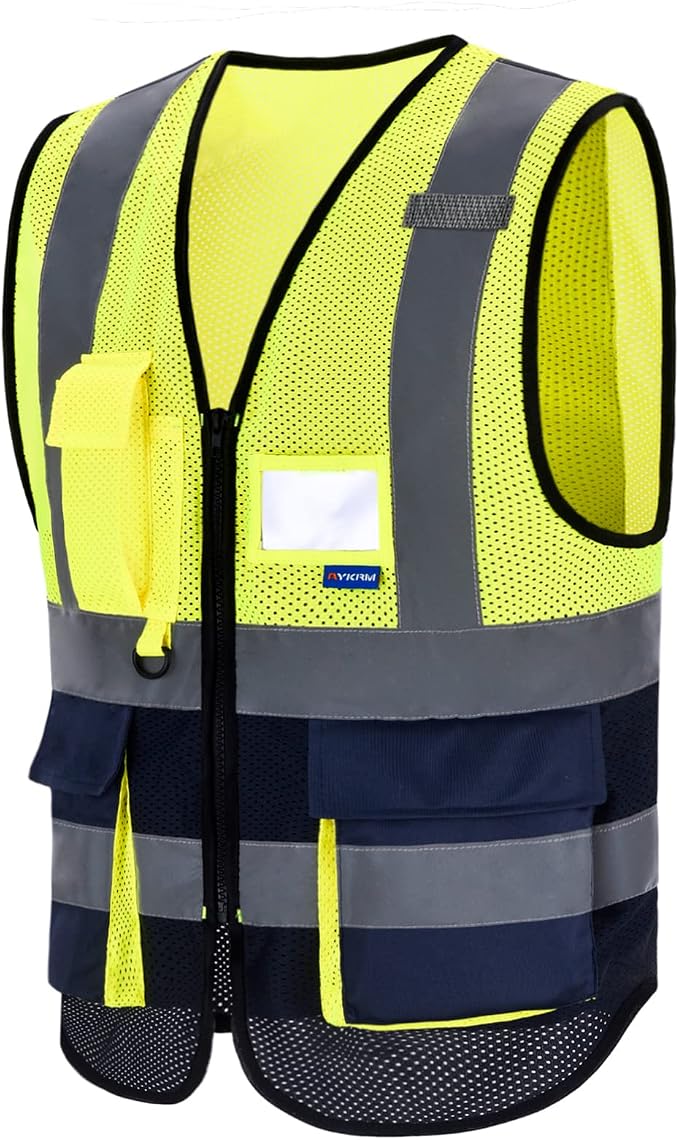 A-SAFETY High Visibility Mesh Safety Reflective Vest with Pockets and Zipper,Hi Vis Viz Reflective Safety Vest(Yellow&Navy Mesh XXL)