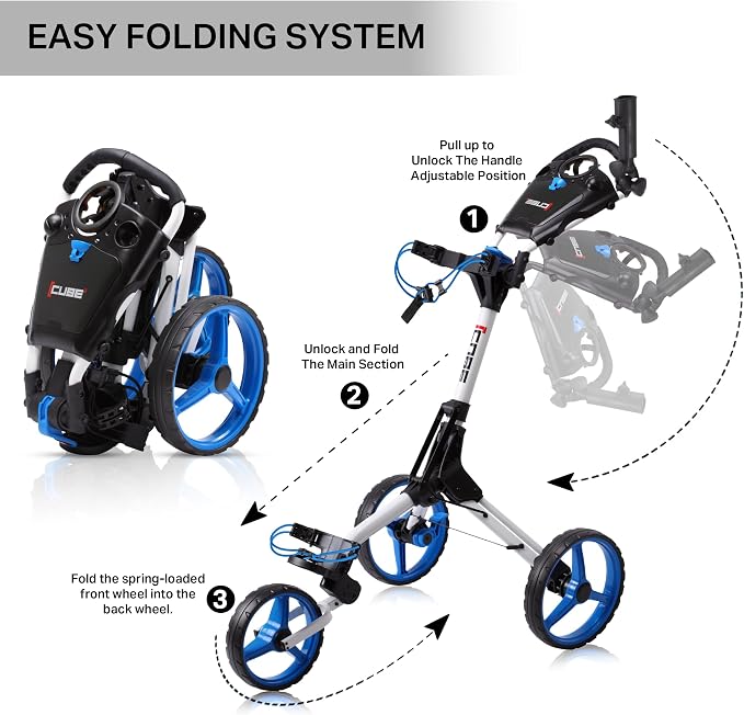 CUBE CART 3-Wheel Golf Push Cart – Ultra-Compact 14.5 lb Folding Golf Trolley, Two-Step Fold, Adjustable Handle, Foot Brake, Umbrella Holder & Built-in Storage