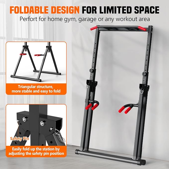 SERTT Foldable Power Tower Dip Station for Pull Ups, Dips & Push Ups, Upgraded Free Standing Pull Up Bar Station, Multi-function Workout Equipment for Home Gym Strength Training, Support 440LBS