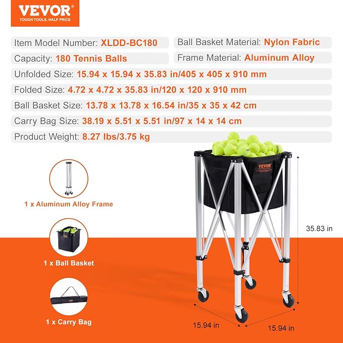VEVORFoldable Tennis Ball Hopper, Holds 150-180 Tennis Balls, Lightweight Aluminum Alloy Tennis Ball Basket Cart with Wheels for Tennis Player