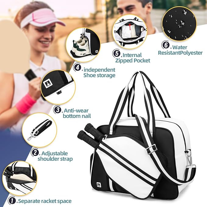 ROYALFAIR Pickleball Tote Bag for Women Men Large Capacity with Paddle Cover Pocket Internal Shoe Pocket and Adjustable Shoulder strap