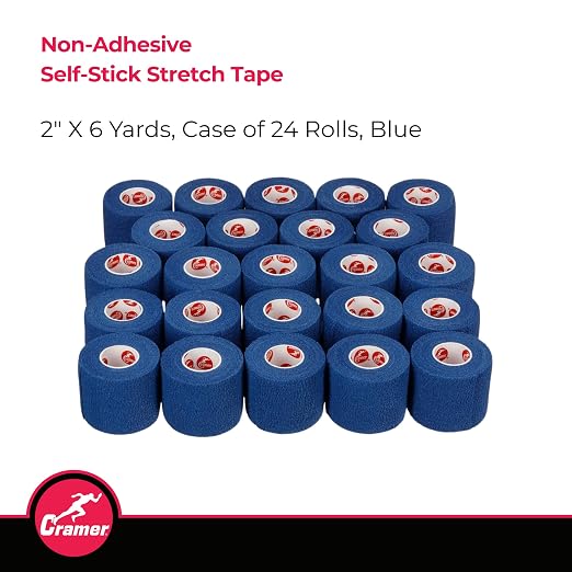 Cramer Eco-Flex Self-Stick Stretch Tape, Blue, 2" x 6 yds, Cohesive Athletic Bandage, Athletic Trainer Flexible Sports Underwrap, Easy Tear Vet Wrap for Pets, Self Adhesive Bandage Roll, 24 Rolls