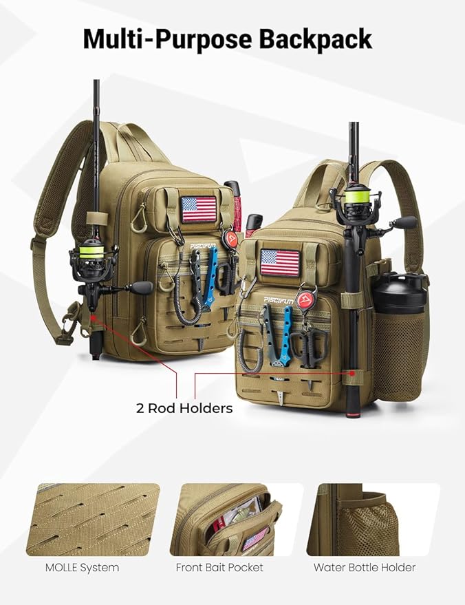 Piscifun Fishing Backpack Tackle Bag with 2 Rod Holders, Multi-Compartment Storage, MOLLE System, Water-Resistant Lightweight Outdoor Pack