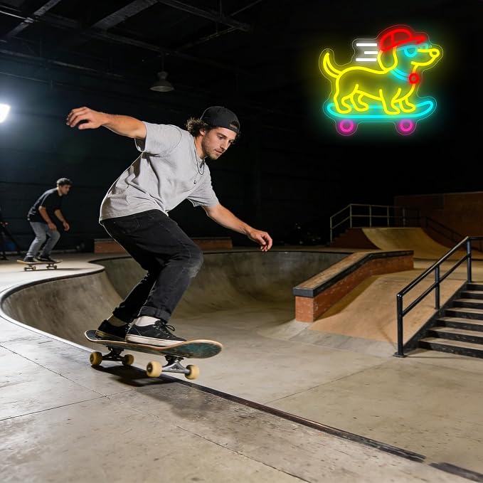 Dachshund Skateboarding Neon Sign for Wall Decor Dog Neon Light Man Cave | Dimmable Neon,Birthday Cartoon Gifts,5V USB Powered,Skateboard Club,Bar,Shop Decor, Teen Boys Bedroom Wall Art,13.7*12.4in