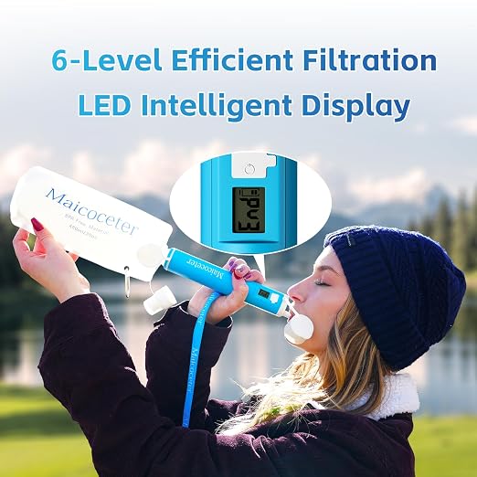 Water Filtration Straw Kit with LED Progress Display & 2 Gallon Bag, 0.1 Micron Portable Purifier for Hiking, Camping, Backpacking & Emergency Survival, Removes Contaminants