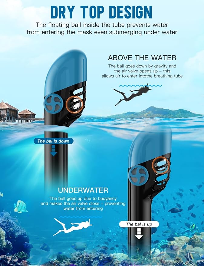 Full Face Snorkel Mask for Adults, 180° Panoramic Anti-Fog Snorkeling Gear with Dry Top System & Camera Mount, Foldable Anti-Leak Design for Travel, Swimming & Ocean Snorkeling