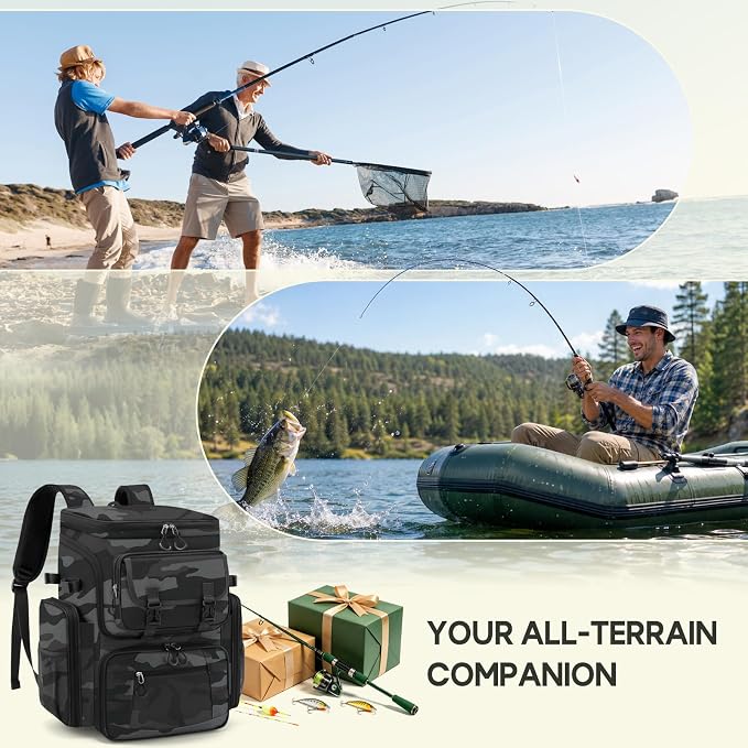 RAINSMORE Fishing Backpack, 45L Large Fishing Bag with 4 Rod Holders & Insulated Cooler Professional Fishing Tackle Backpack with Rain Cover Waterproof Tackle Bag for Men Gift, Grey Camouflage