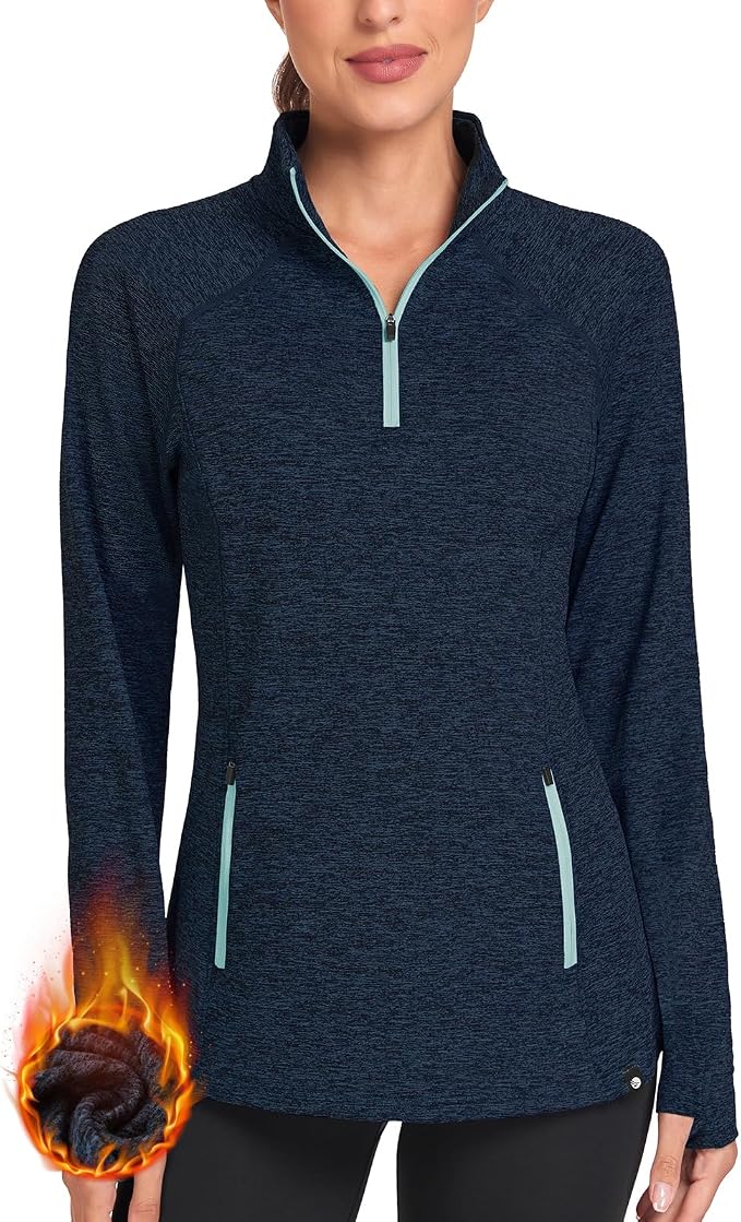 Soneven Women's Thermal Fleece Running Shirts Warm Winter Pullover Cold Weather Workout Hiking Tops with Thumb Holes Pockets