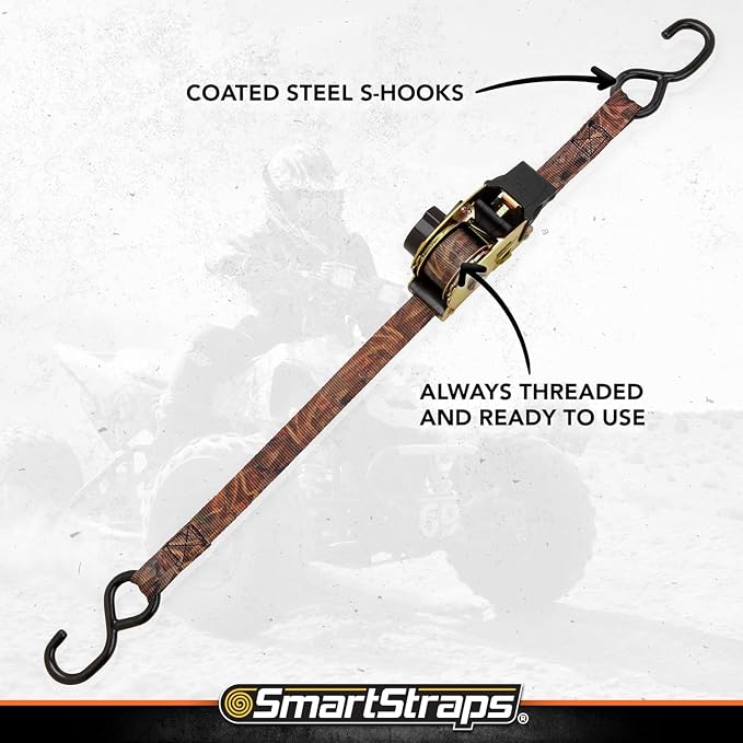 SmartStraps 10’ Retractable Ratchet Straps, 2 Pack — Heavy Duty Camo Ratchet Straps, 3,000lb Break Strength, 1,000lb Safe Work Load — Haul Motorcycles, Boats, and Appliances with Patented Technology