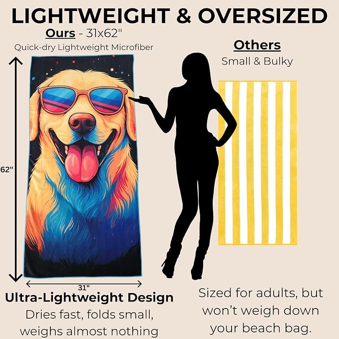 Microfiber Funny Yellow Lab in Sunglasses Colorful Beach Towel for Women, Girls, Kids, Boys, Men, Plush Beach Towel, Absorbent Pool Towel Super Soft, Oversized 31x62 Inches