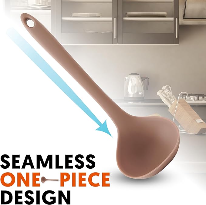 Platinum Silicone Cooking Ladle for Baking, Scraping & Mixing, 100% Food Grade Colorful Silicone Kitchen & Serving Utensils, Heat Resistant, Non-Stick Cookware - 8.6 inch Taupe Brown