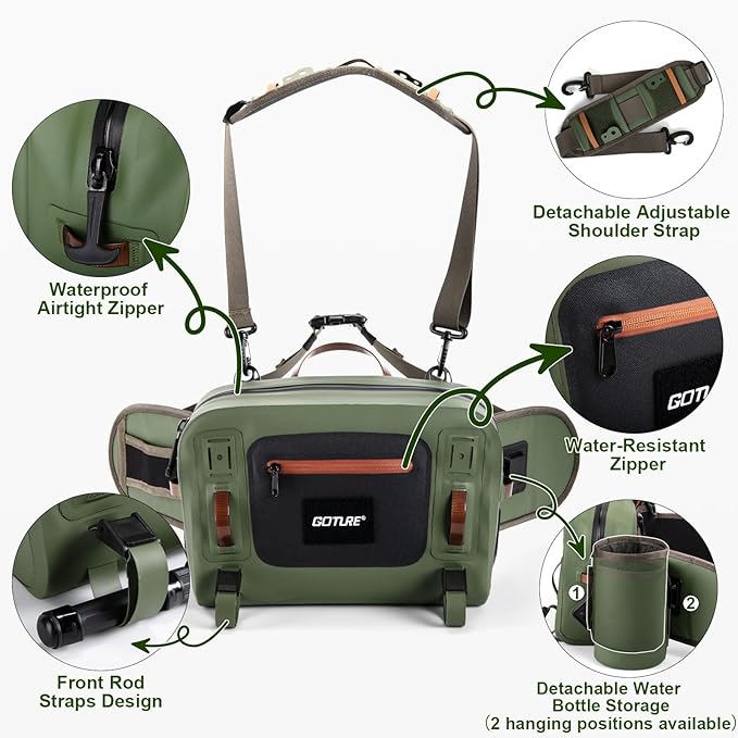 Goture Waterproof Fishing Waist Pack,IPX8 840D TPU Large Tackle Bag with Rod Holder,Airtight Zipper Closure,Detachable Water Bottle Holder, 10L Fly Fishing Bag with Adjustable Strap,Sling Fanny Pack
