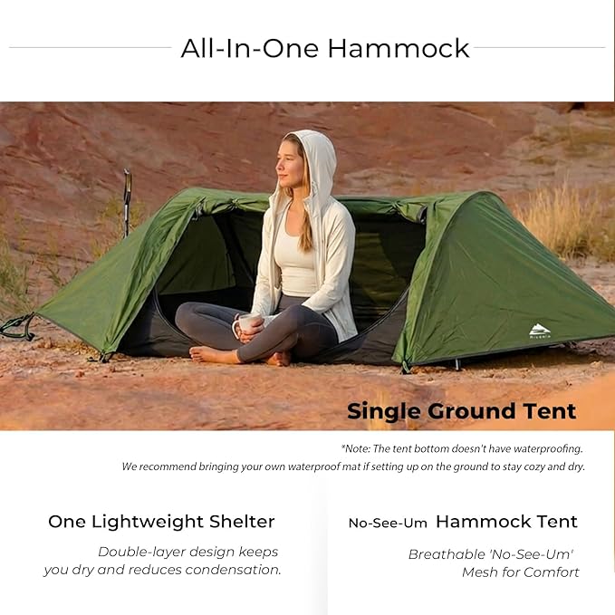 Flat Lay Camping Hammock Tent with Mosquito Net & RainFly, 3 in 1 Waterproof Lightweight Portable Sleeping Hammock Bug, Travel Outdoor Gear with Tree Strap Swing, for Hiking Patio Expedition