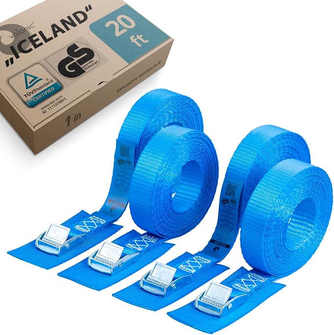 valonic Iceland - tie Down Straps with Protection pad, 4 Pieces, 20 ft x 1 inch, 1100lbs, cam Buckle, TÜV Rheinl. Certified, Blue, Lashing Straps for roof Rack, Kayak, Bike, car